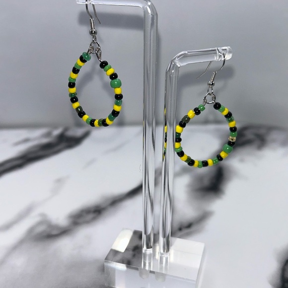 Vibrant Jamaican Beaded Hoop Earrings - Black, Yellow, Green - Picture 1 of 3